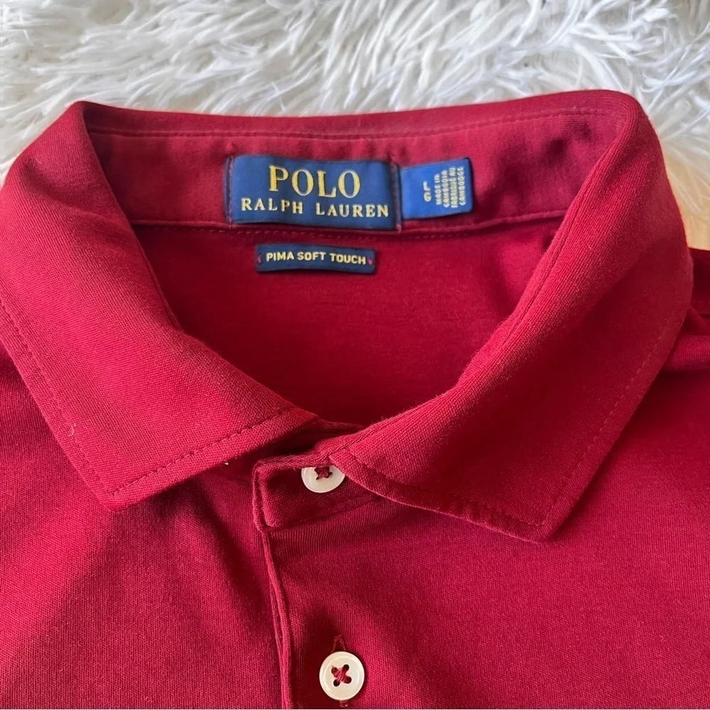 Ralph Lauren Dark Red Polo Shirt Pima Soft Touch White Buttons Blue Logo Mens L